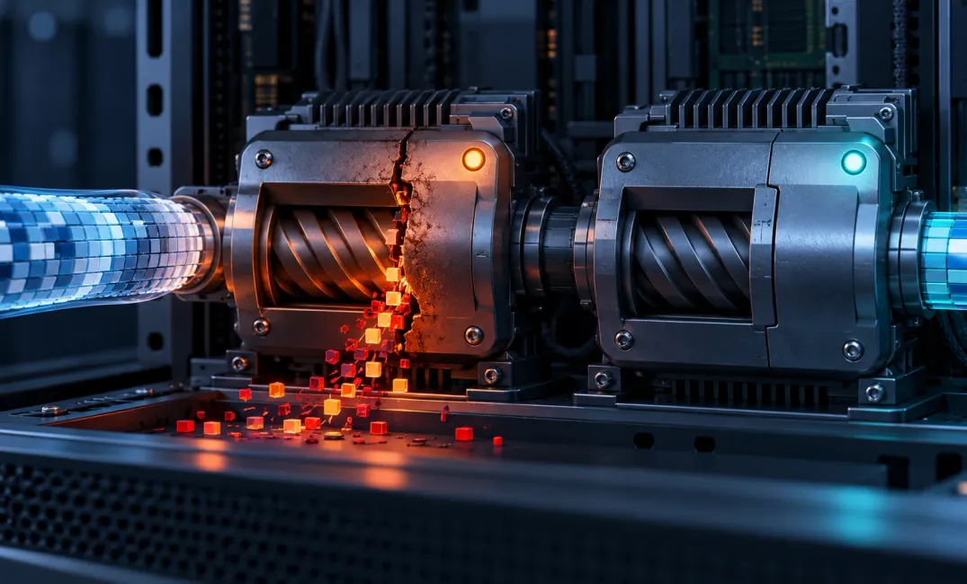 Conceptual illustration of a damaged Brotli decoder leaking corrupted data beside a repaired decoder.