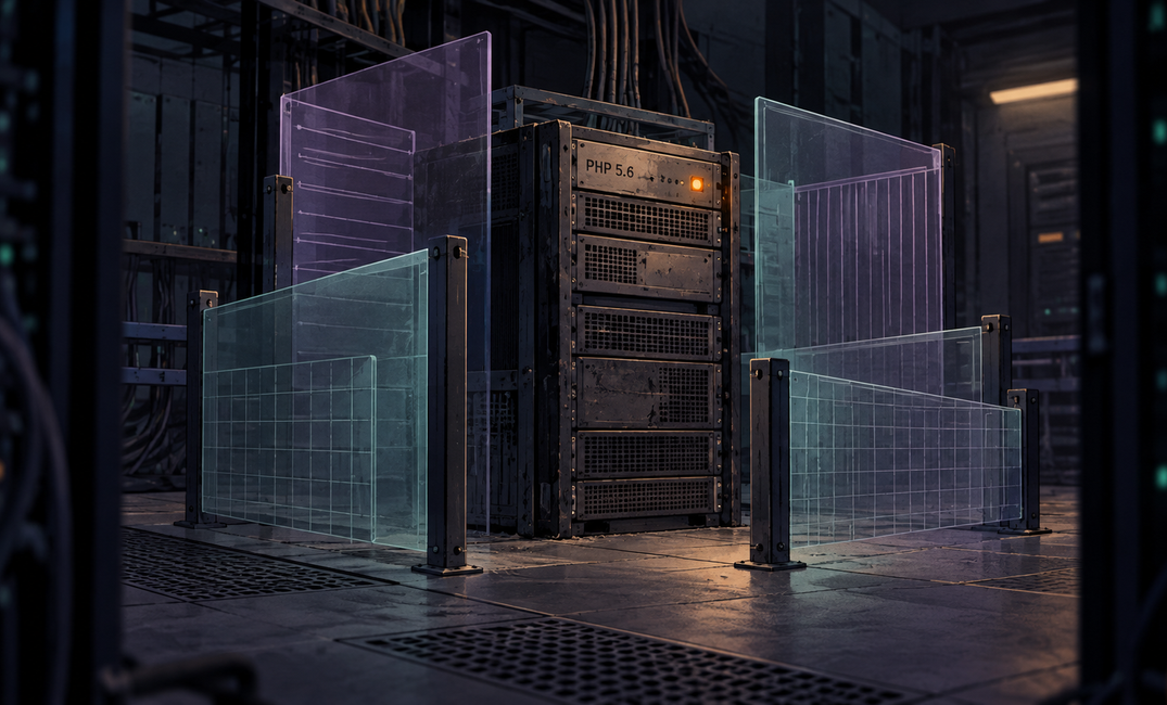 Illustration of a legacy PHP 5.6 server surrounded by layered access barriers, with an amber status light.